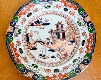 Plato de porcelana china Mason's Patent Ironstone China Pekin Japan Chinoiserie de 10,5 pulgadas de diámetro.