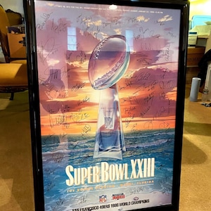 RARE 1989 NFL Super Bowl 23 49ers vs. Bengals Signed by 49ers Team Framed Poster Jerry Rice Vintage Sports Memorabilia