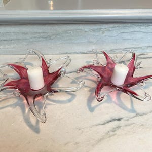 Fine Italian Murano Hand Blown Glass Star Candle Holders Pair