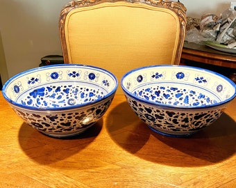 Vtg A.C. Firenze Italy 11” Dia. 4-1/2” Tall Porcelain Ceramic Bowls Pair