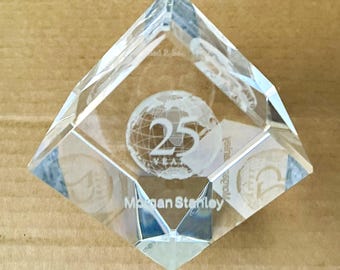 Vtg 25th Anniversary Morgan Stanley Clear Fine Crystal Optic Paper Weight