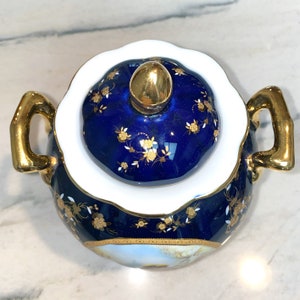 Vintage Limoges Castel France Porcelain Gilt Cobalt Two-Handle Decorative Pot image 2