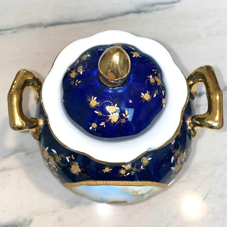 Vintage Limoges Castel France Porcelain Gilt Cobalt Two-Handle Decorative Pot image 2