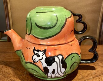 Tetera vintage Dakal St. Fortunat QC de 5 pulgadas pintada a mano con juego de tazas