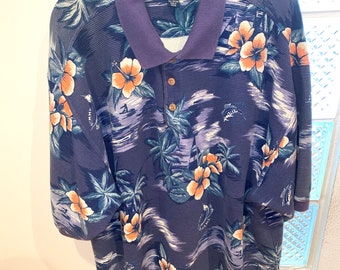 Tommy Bahama Navy Blue Palms & Flowers Hawaiian Shirt XL, 100% Cotton
