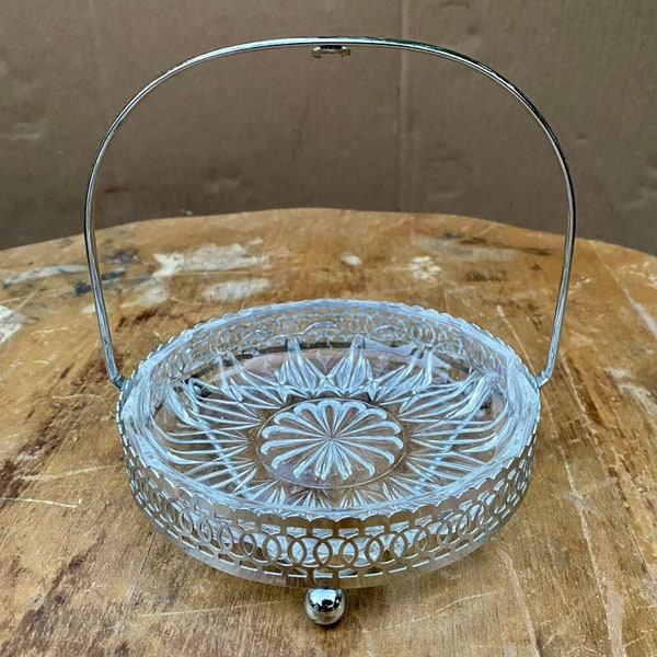 Vintage Reims 5” Crystal Glassware Bowl W/ Silver-Plated Basket Holder