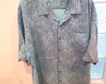 Tommy Bahama Soft Green Palms Design Hawaiian Shirt XL, 100% Silk