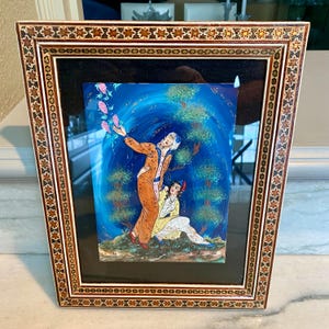 Vintage Persian Miniature Painting in Original Khatam Inlaid Frame 11”x9”