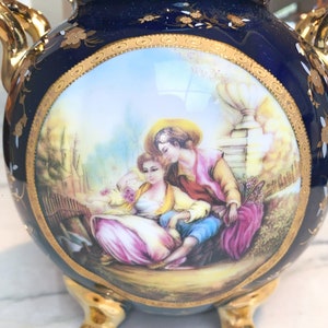 Vintage Limoges Castel France Porcelain Gilt Cobalt Two-Handle Decorative Pot image 3