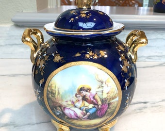 Vintage Limoges Castel France Porcelain Gilt Cobalt Two-Handle Decorative Pot