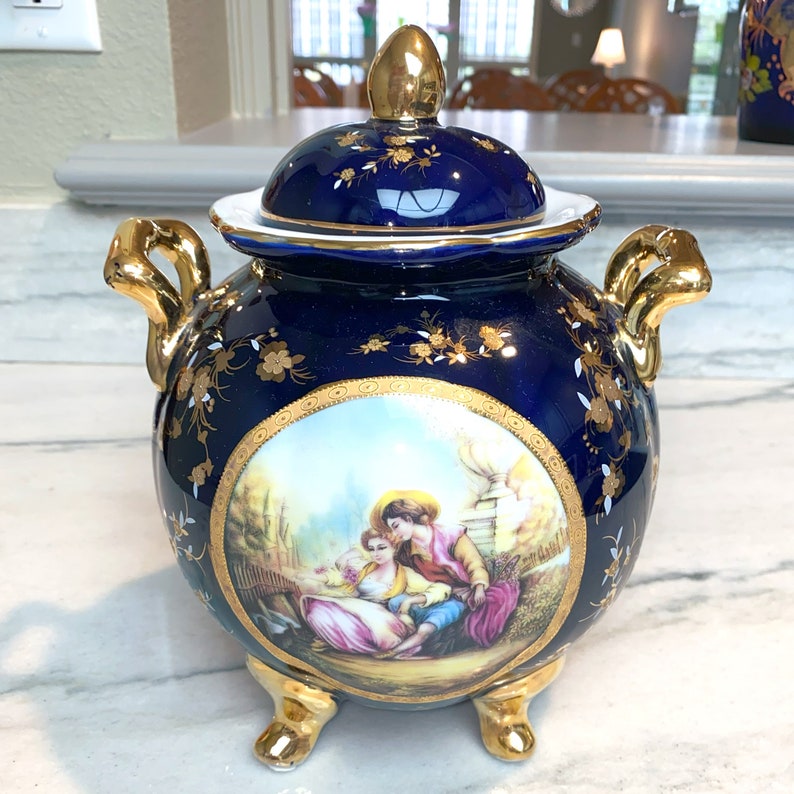 Vintage Limoges Castel France Porcelain Gilt Cobalt Two-Handle Decorative Pot image 1