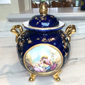 Vintage Limoges Castel France Porcelain Gilt Cobalt Two-Handle Decorative Pot image 7