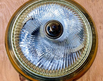 Vtg Ribbed Glass Ceiling Light Fixture Gold White 11-1/4” Diameter