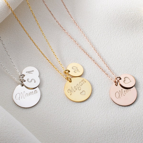 Multi Initials Disc Necklace, Engraved Date Necklace, Name Necklace, Kids Name Necklace, Family Necklace, Custom Kids Initials Engraved Disc