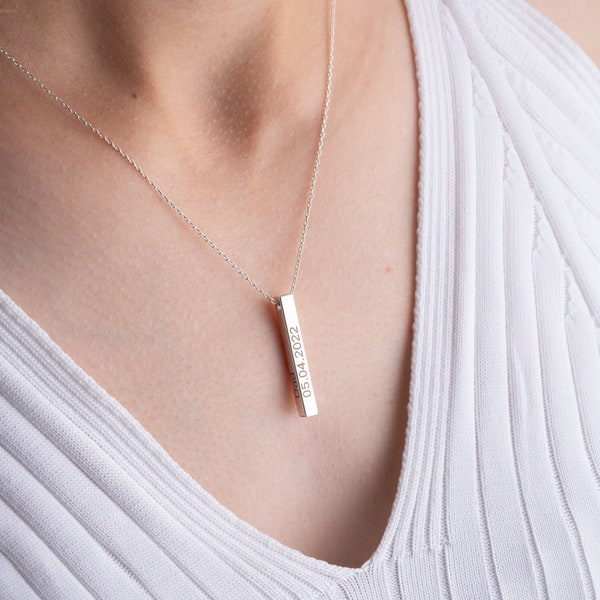 3D Vertical Bar Necklace, Sterling Silver Engraved Name Necklace, Vertical Bar Necklace, Custom Date Necklace, Mother's Day Gift Necklace