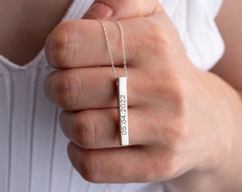 3D Vertical Bar Necklace, Sterling Silver Engraved Name Necklace, Vertical Bar Necklace, Custom Date Necklace, Mother's Day Gift Necklace