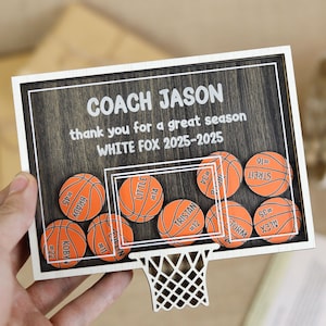 May include: A wooden basketball hoop with a personalized message for Coach Jason, thanking him for a great season with the White Fox team. The hoop is decorated with small basketballs, each with a player's name and number.