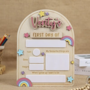 Personalized First & Last Day of School Wood Sign, Custom Kids Name, Dry Erase Back to School Board, Colorful Rainbow and Stars Photo Prop