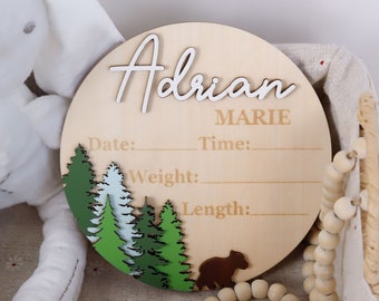 Baby Birth Stats Round Sign, Forest Theme, Baby Name Announcement, Birth Announcement, Name Sign, Baby Photo Prop Sign, Personalized Gifts