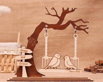 Personalized Love Birds Wooden Swing, Custom Initials Anniversary Gift, Layered Plywood Romantic Tree Decor, Couple Keepsake Always Forever