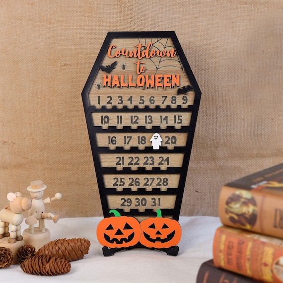 Countdown Halloween Sign with Moveable Ghost, Halloween Pumpkin Coffin Calendar Sign, Halloween Shelf Sitter, Countdown to Halloween Decor