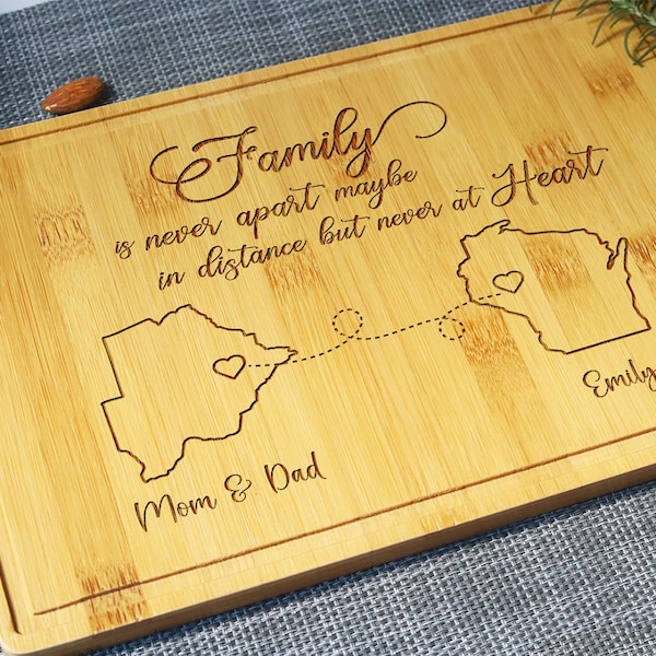 Personalized Family Long Distance Bamboo Cutting Board, Custom States Cutting Board, Moving Away Gift, Long Distance Gift Customized Gift