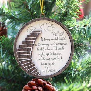 Personalized Memorial Wooden Ornament, Stairway To Heaven Memorial Ornament, Loss Of Dad Mom, Christmas Memorial Ornament Sympathy Gifts