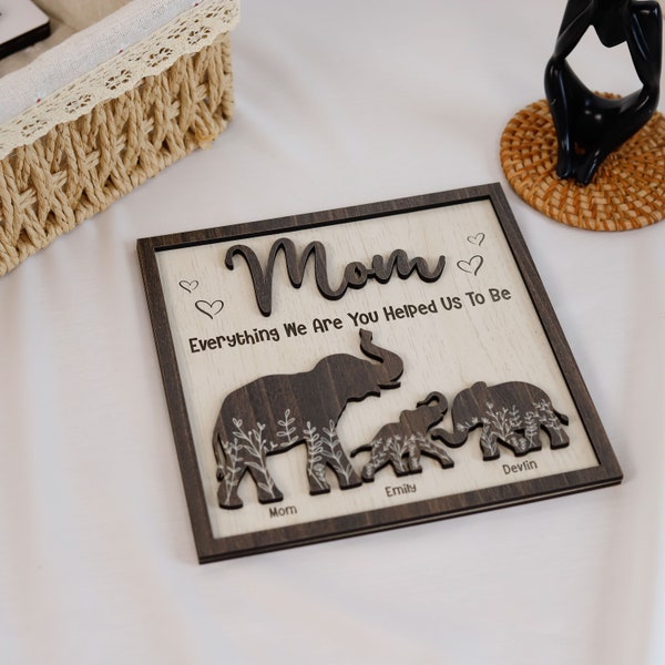 Elephant Mother and Child Wooden Plaque, Personalized Mothers Day Sign for Mom, Mom Sign with Kids Names, Thank You Mom Gift, Gift from Kids