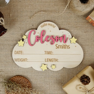 Celestial Hospital Baby Birth Stat Sign, Birth Announcement Sign, Gift for New Mom, Name Announcement Wood Sign, Cloud & Stars Theme Sign