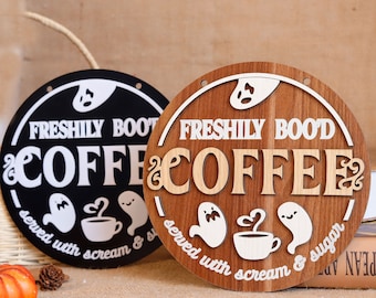 Freshly Boo'd Coffee Bar Sign, Served with Scream & Sugar, Halloween Ghost Coffee Corner Decor, Coffee Shop Wooden Signs for Halloween
