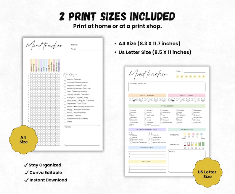 Daily Mood Tracker Printable PDF, Anxiety Tracker, Mental Health Journal, Emotion Log Sheet, Simple Mood Log, Canva Editable Tracker