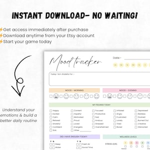 Daily Mood Tracker Printable PDF, Anxiety Tracker, Mental Health Journal, Emotion Log Sheet, Simple Mood Log, Canva Editable Tracker