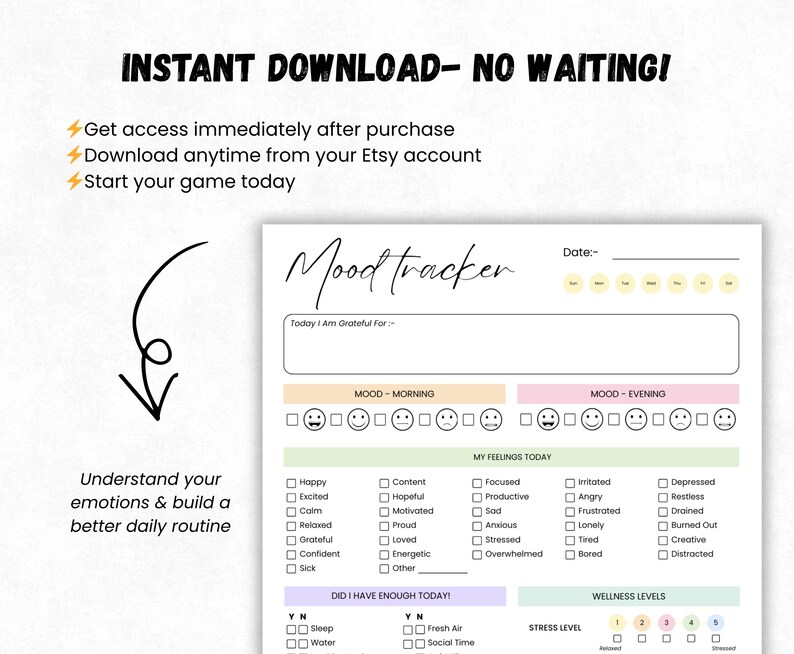 Daily Mood Tracker Printable PDF, Anxiety Tracker, Mental Health Journal, Emotion Log Sheet, Simple Mood Log, Canva Editable Tracker