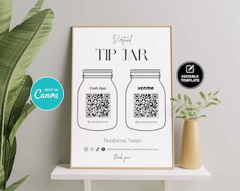 Editable Virtual Tip Jar Sign: Venmo, Cash App QR Code (Canva Template)