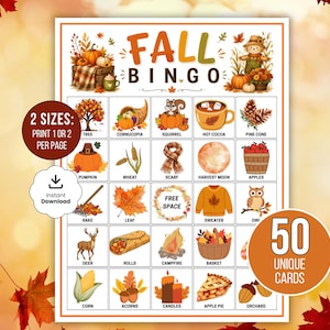 Könnte beinhalten: Eine Herbst-Bingo-Spielkarte mit einem Raster aus herbstlichen Illustrationen, darunter ein Kürbis, ein Eichhörnchen, heiße Schokolade, ein Tannenzapfen, Weizen, ein Schal, ein Erntemond, Äpfel, ein Rechen, ein Blatt, ein Pullover, eine Eule und mehr.