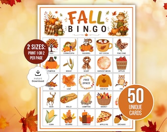 Tarjetas de bingo de otoño, 50 tarjetas de bingo de otoño, bingo de imágenes de otoño, juego de otoño para niños, actividad de otoño imprimible, juego para fiestas en el aula
