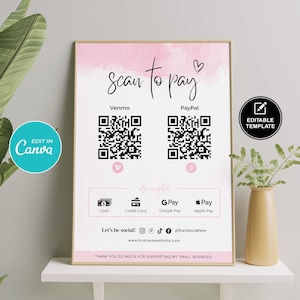 Numérisation modifiable pour payer la carte, modèle de signe de code QR, signe CashApp PayPal pour les petites entreprises, paiement Venmo imprimable, téléchargement immédiat