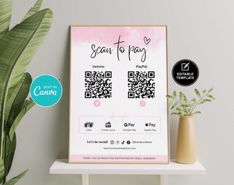 Plantilla editable de letrero de escaneo para pagar: código QR para pequeñas empresas (descarga instantánea)