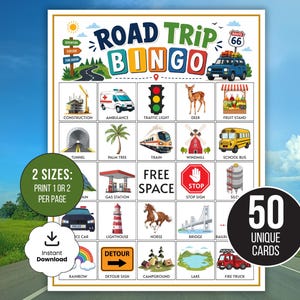 May include: A Road Trip Bingo game card featuring a grid of colourful illustrations including a construction site, ambulance, traffic light, deer, fruit stand, tunnel, palm tree, train, windmill, school bus, gas station, stop sign, silo, police car, lighthouse, horse, bridge, rainbow, detour sign, campground, lake, and fire truck.