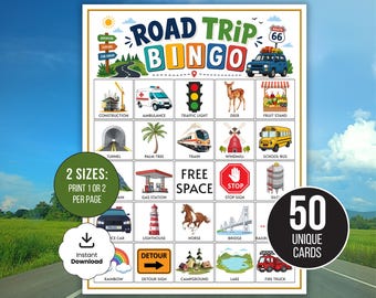 Tarjetas de bingo para viajes por carretera, 50 tarjetas de bingo imprimibles para viajes por carretera, juego de bingo infantil para viajes, actividad para niños en el coche, juego imprimible para vacaciones en PDF