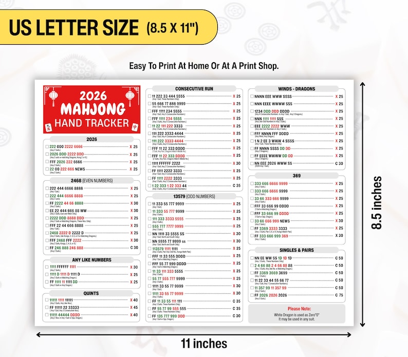 Professional Mahjong score tracker printable for the 2026 American Mahjong season. This downloadable PDF includes a colorful version and an ink-friendly version for convenient home printing and repeated use during Mahjong games.