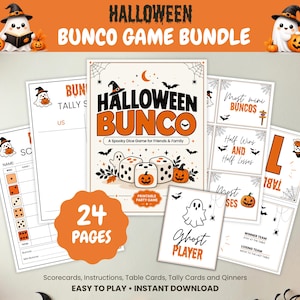 Op de afbeelding: Een Halloween Bunco spelbundel met 24 pagina's aan printbaar feestmateriaal. De set bevat scorekaarten, telkaarten, tafelkaarten en instructies, allemaal versierd met illustraties van spoken, pompoenen en spinnenwebben.