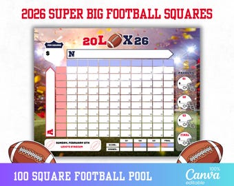 Football Squares Printable Template, Betting Board, Printable Square Cards, 2026 Square Pool Bowl, Party Fundraiser, Editable Canva Template
