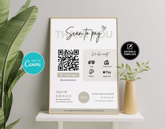 Scan to Pay QR Code Sign Template | Venmo PayPal Payment Sign | Cashless Payment Printable | Small Business Tip Jar | Canva Template