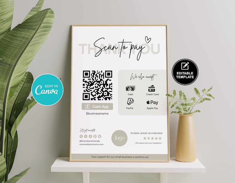 Editable Scan to Pay Card, Editable Canva Template, QR Code Sign Template, CashApp PayPal Sign for Small Business, Venmo Payment Printable Scan to Pay Sign, Pay Template, Paypal Sign