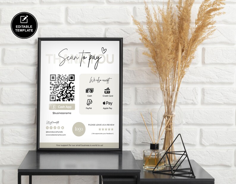 Editable Scan to Pay Card, Editable Canva Template, QR Code Sign Template, CashApp PayPal Sign for Small Business, Venmo Payment Printable Scan to Pay Sign, Pay Template, Paypal Sign