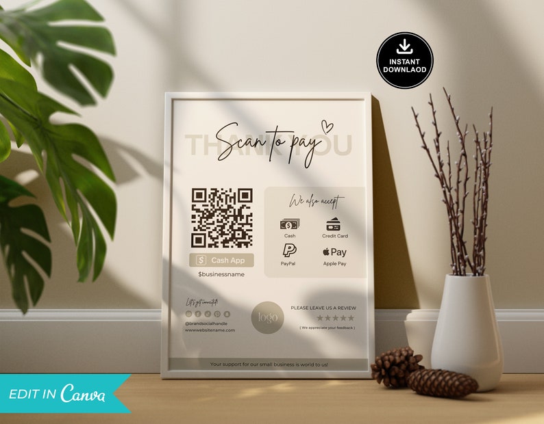 Editable Scan to Pay Card, Editable Canva Template, QR Code Sign Template, CashApp PayPal Sign for Small Business, Venmo Payment Printable Scan to Pay Sign, Pay Template, Paypal Sign