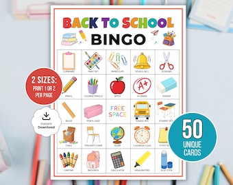 Back to School Bingo Cards, Welcome Back Bingo, First Day of School Game, Classroom Activity for Kids, Printable School Bingo Game