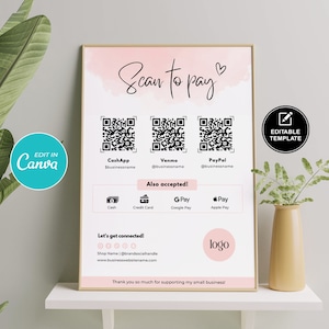 Carte modifiable Scan to Pay, modèle d'enseigne avec code QR, enseigne PayPal CashApp pour les petites entreprises, paiement Venmo imprimable, téléchargement immédiat