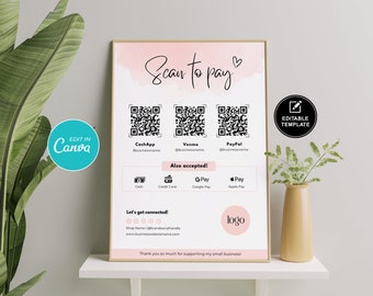 Plantilla de letrero "Escanee para pagar", pago con código QR, plantilla editable de Canva (descarga digital)